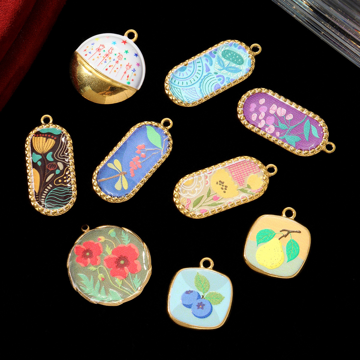 6pcs/pack Stainless Steel Enamel Blue Cherry Pear Necklace Pendant Painted Flower Leaf DIY Charm Women Star Dragonfly Jewelry