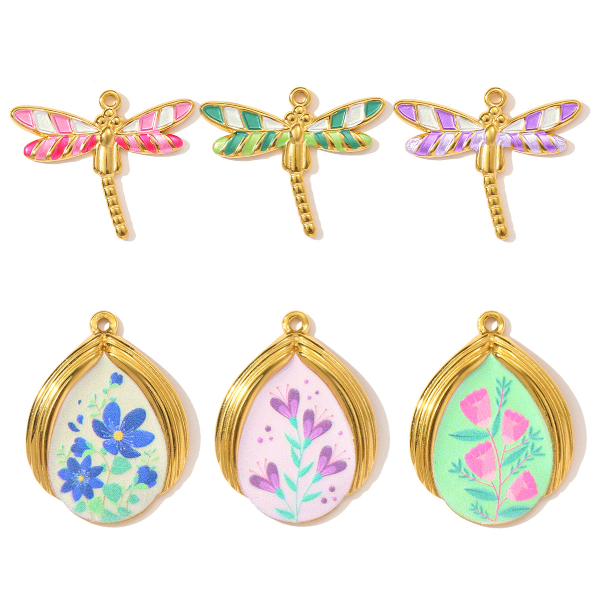 6pcs/pack Retro Stainless Steel Enamel Waterdrop Flower Necklace Pendant Painted Dragonfly DIY Charm Women Love Jewelry