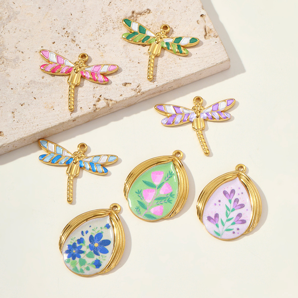 6pcs/pack Retro Stainless Steel Enamel Waterdrop Flower Necklace Pendant Painted Dragonfly DIY Charm Women Love Jewelry