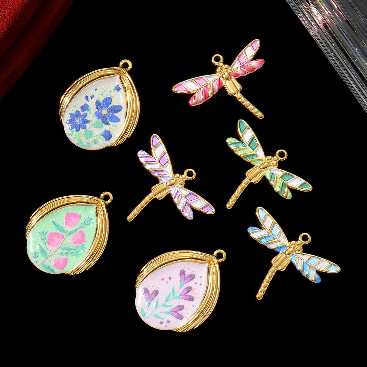 6pcs/pack Retro Stainless Steel Enamel Waterdrop Flower Necklace Pendant Painted Dragonfly DIY Charm Women Love Jewelry