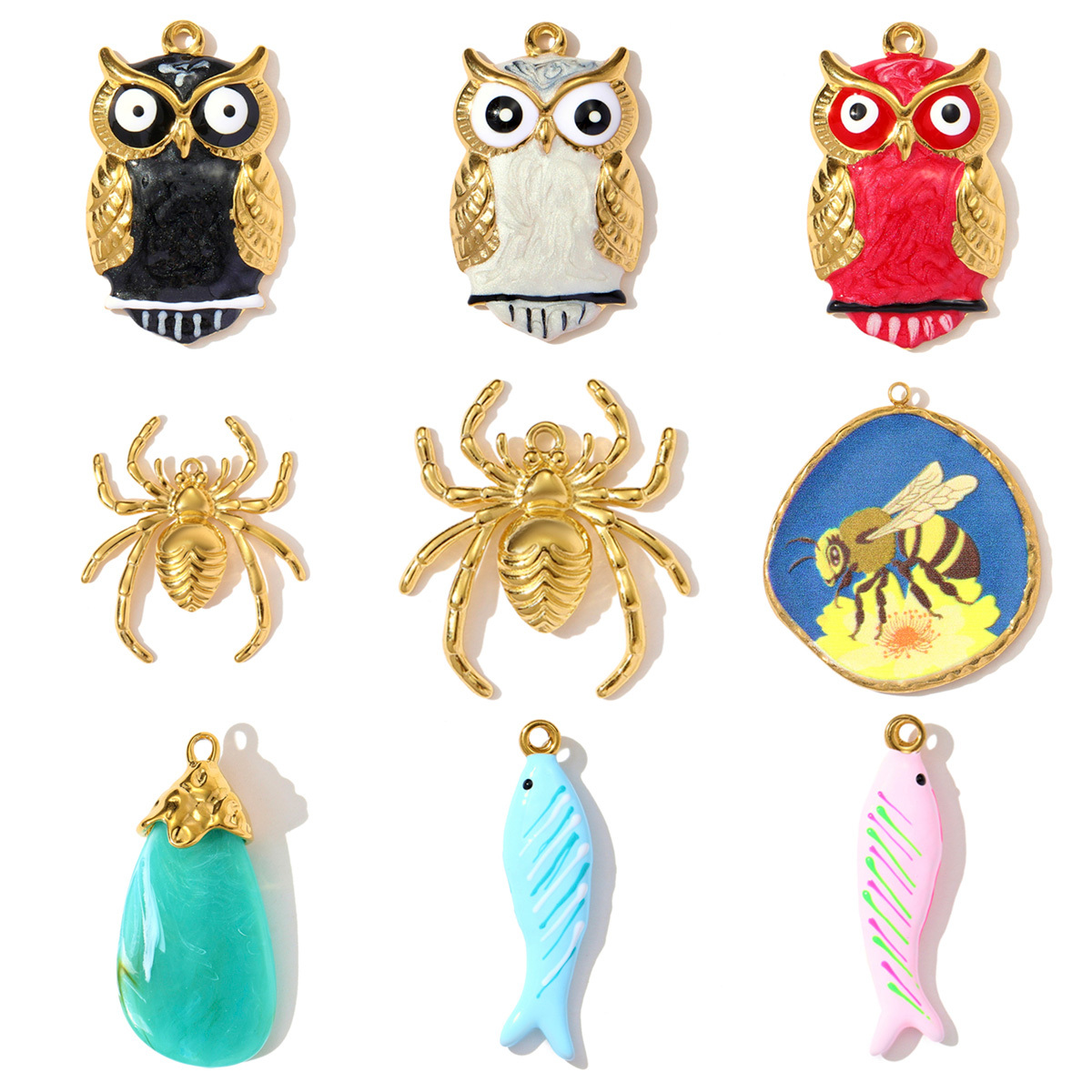 6pcs/pack Big Size Stainless Steel Enamel Owl Bee Necklace Pendant Tropical Fish DIY Earring Charm Women Spider Jewelry