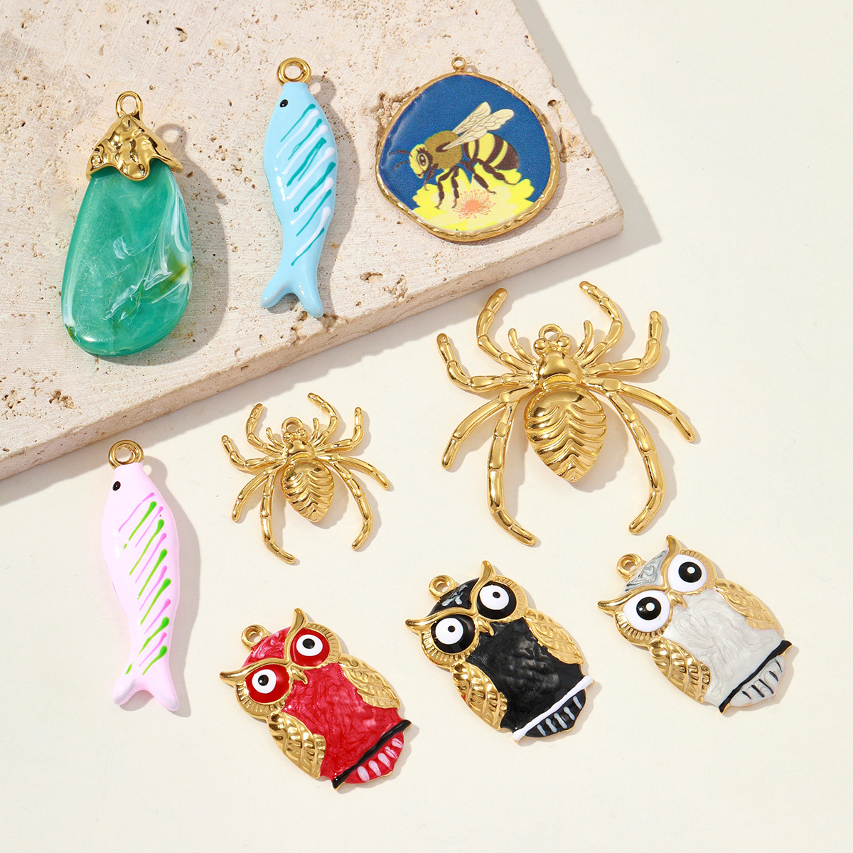 6pcs/pack Big Size Stainless Steel Enamel Owl Bee Necklace Pendant Tropical Fish DIY Earring Charm Women Spider Jewelry
