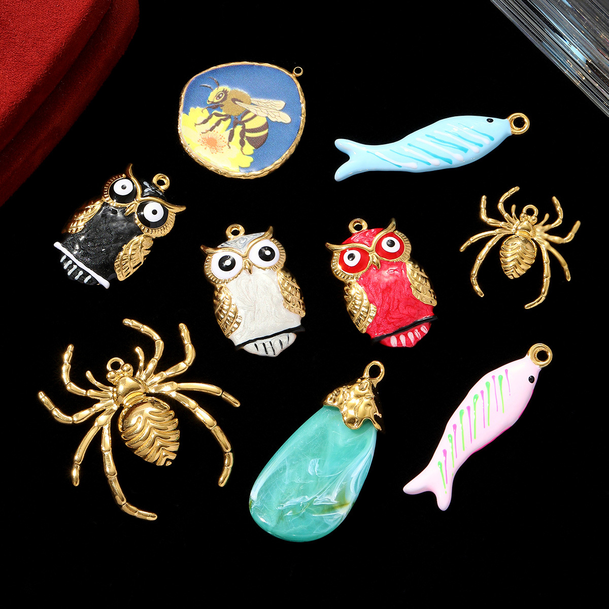 6pcs/pack Big Size Stainless Steel Enamel Owl Bee Necklace Pendant Tropical Fish DIY Earring Charm Women Spider Jewelry