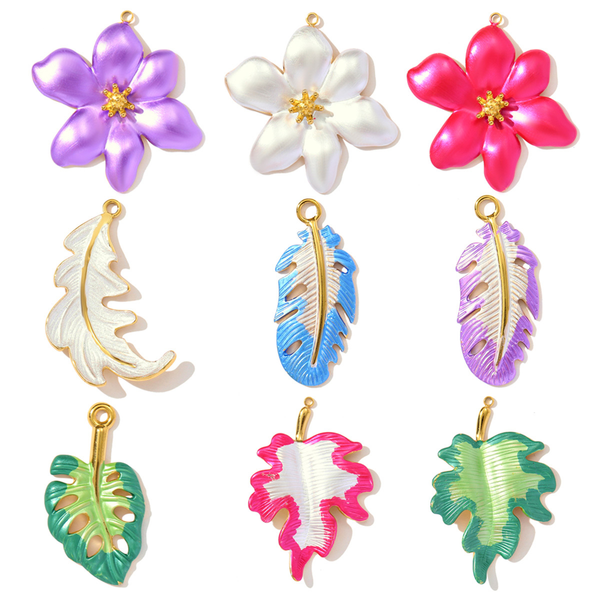 6pcs/pack Fashion Retro Stainless Steel Enamel Flowers Necklace Pendant Feather DIY Earring Charm Women Monstera Leaf Jewelry