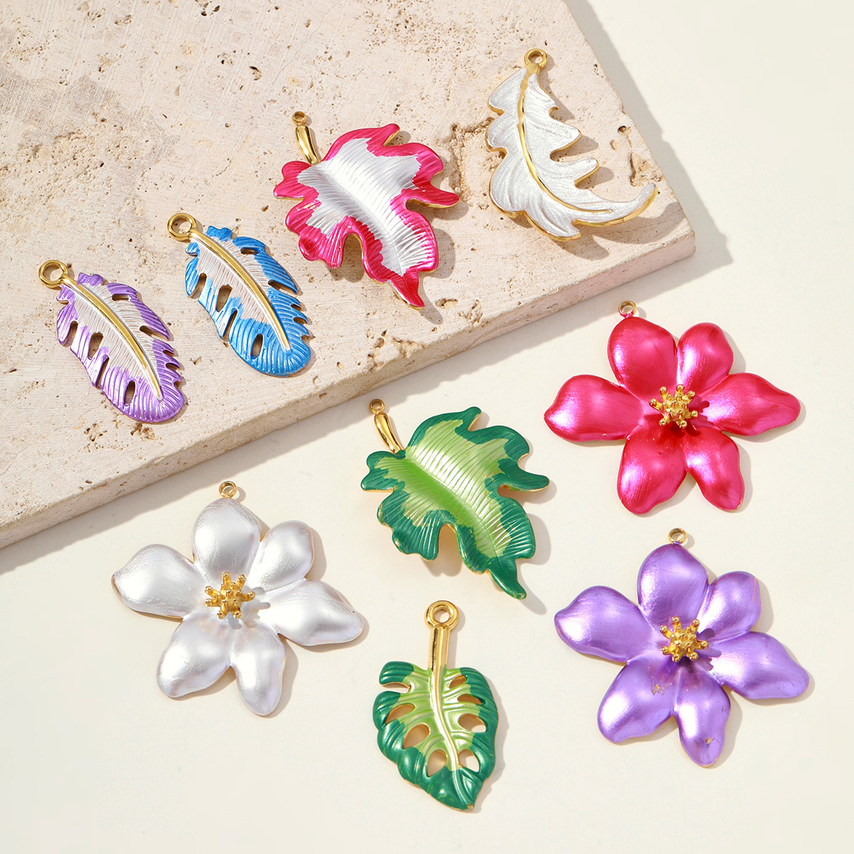 6pcs/pack Fashion Retro Stainless Steel Enamel Flowers Necklace Pendant Feather DIY Earring Charm Women Monstera Leaf Jewelry