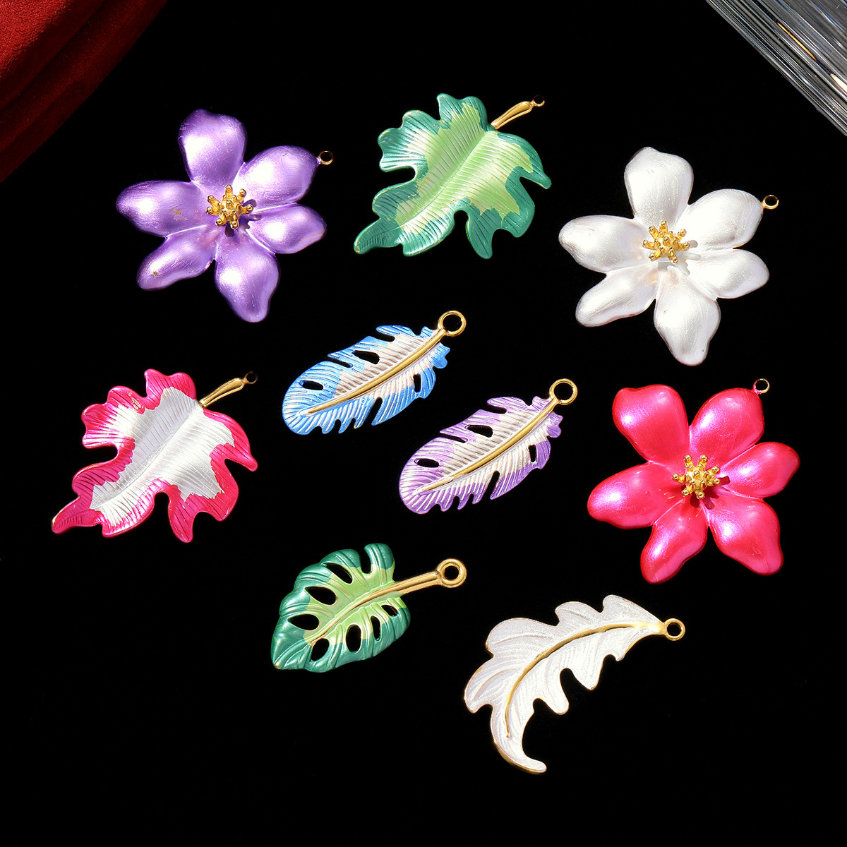 6pcs/pack Fashion Retro Stainless Steel Enamel Flowers Necklace Pendant Feather DIY Earring Charm Women Monstera Leaf Jewelry