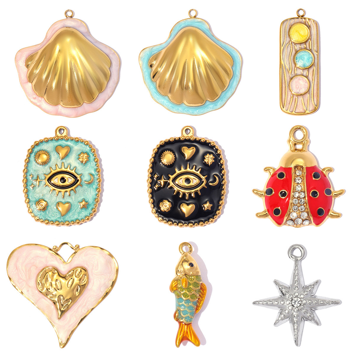 6pcs/pack Stainless Steel Enamel Fish Shell DIY Earring Charms Ladybug Star Necklace Pendants Woman Evil Eye Jewelry Wholesale
