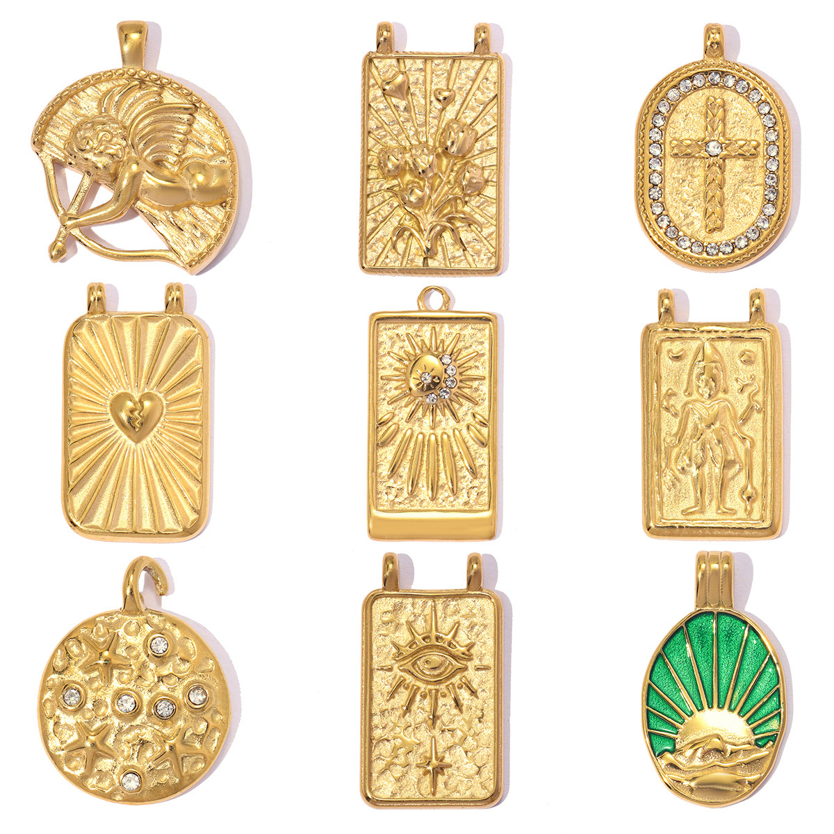 6pcs/pack Stainless Steel Rhinestone Cross Moon Sun DIY Charm The Goddess of Love Cupid Necklace Pendant Woman Eye Heart Jewelry