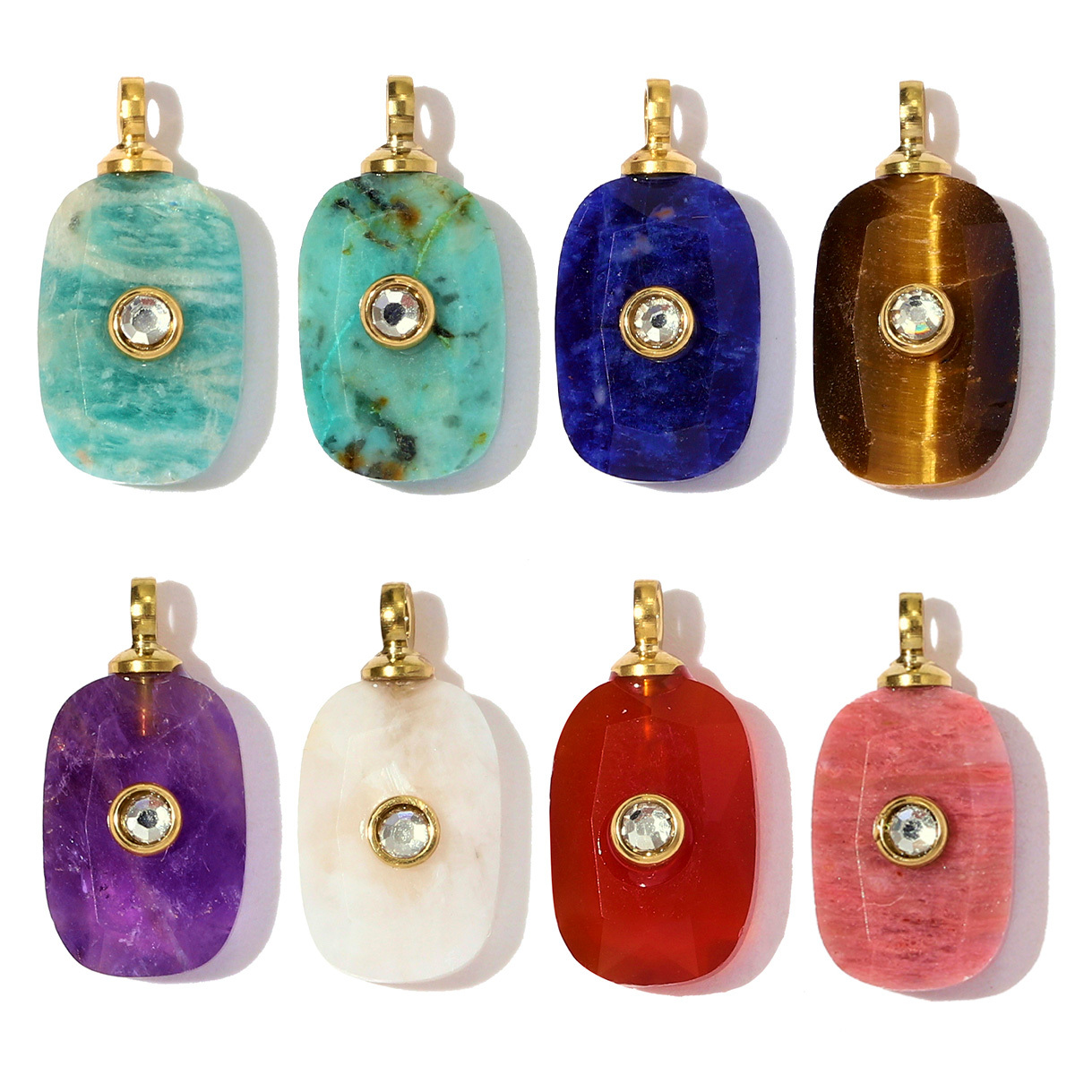 6pcs/pack Stainless Steel Square Natural Stone White Jade Necklace Pendants Powder Crystal DIY Charms Women Jewelry Wholesale