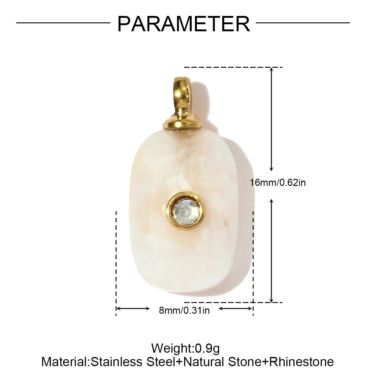 6pcs/pack Stainless Steel Square Natural Stone White Jade Necklace Pendants Powder Crystal DIY Charms Women Jewelry Wholesale