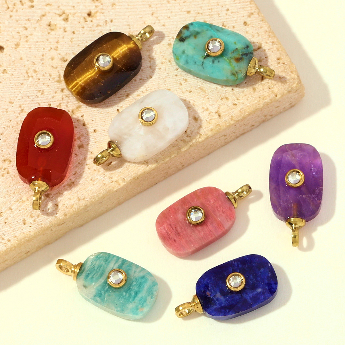 6pcs/pack Stainless Steel Square Natural Stone White Jade Necklace Pendants Powder Crystal DIY Charms Women Jewelry Wholesale