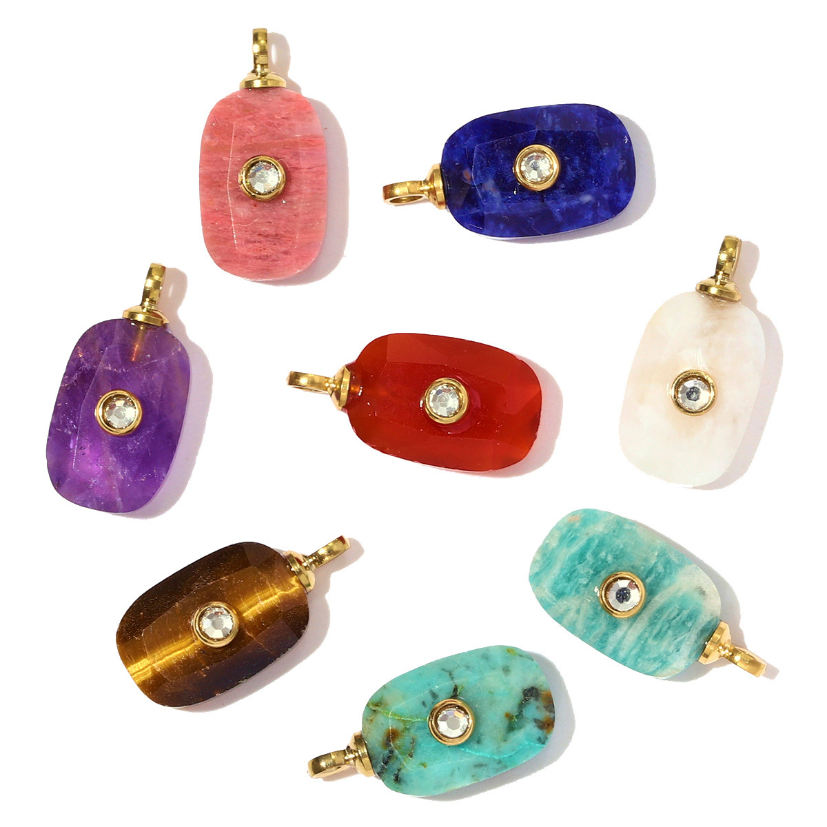 6pcs/pack Stainless Steel Square Natural Stone White Jade Necklace Pendants Powder Crystal DIY Charms Women Jewelry Wholesale