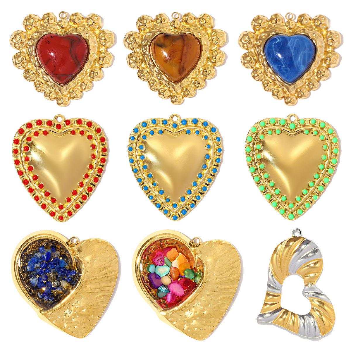6pcs/pack Fashion Stainless Steel Enamel Heart Necklace Pendants Two Tone Love DIY Charms Women Holiday Jewelry Wholesale