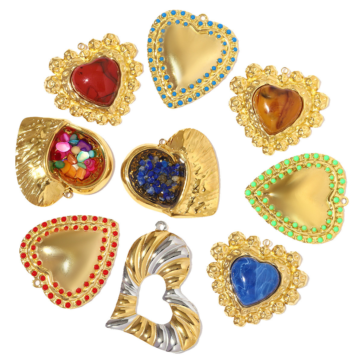6pcs/pack Fashion Stainless Steel Enamel Heart Necklace Pendants Two Tone Love DIY Charms Women Holiday Jewelry Wholesale