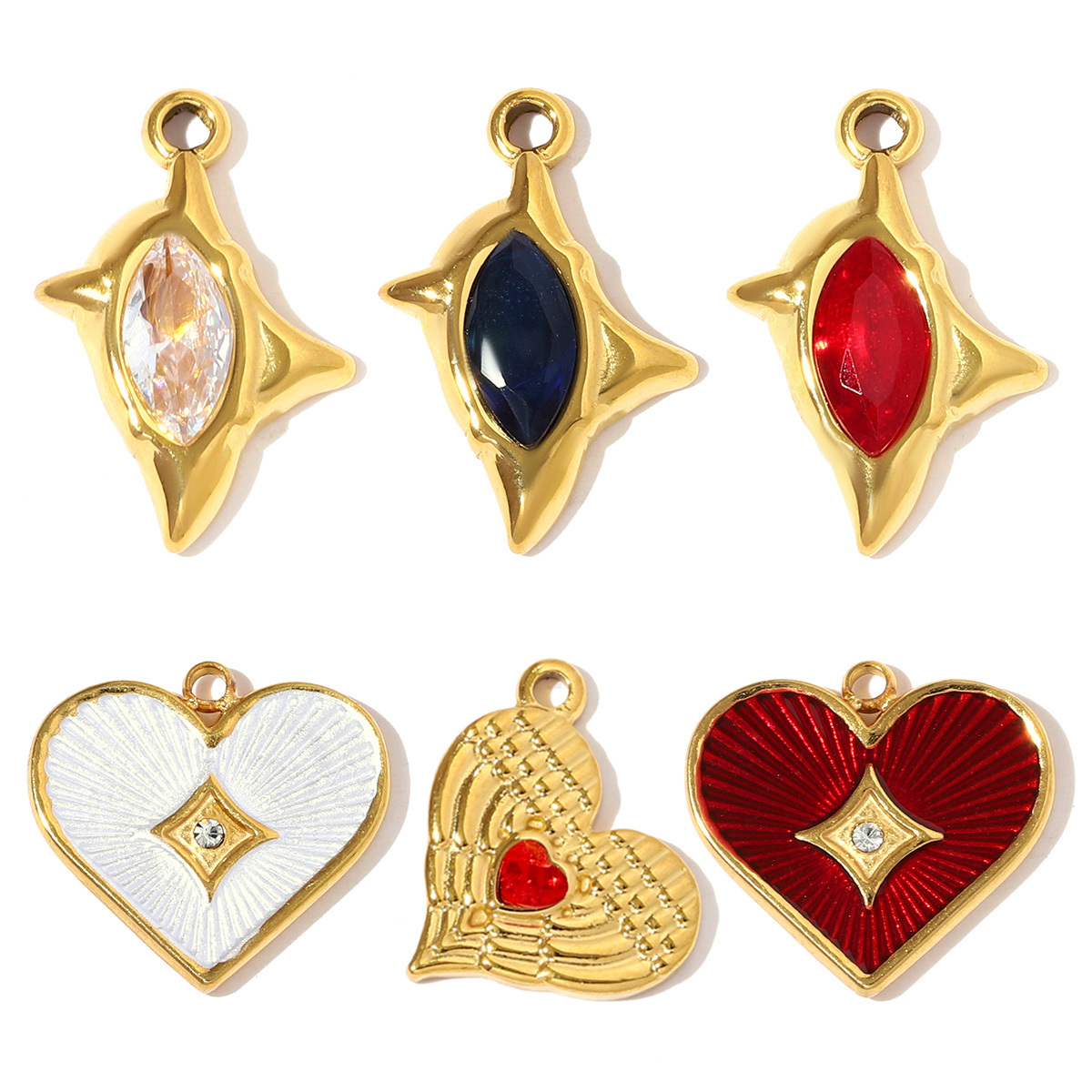 6pcs/pack Retro Stainless Steel Enamel Love Heart Necklace Pendants Crystal Star DIY Charms Women Waterdroop Jewelry Wholesale