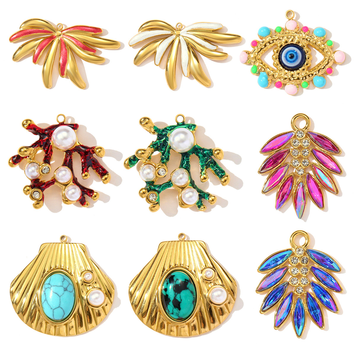 6pcs/pack Stainless Steel Natural Stone Shell Coral Necklace Pendant Pearl Evil Eye Leaf DIY Earring Charm Women Big Size Jewelry