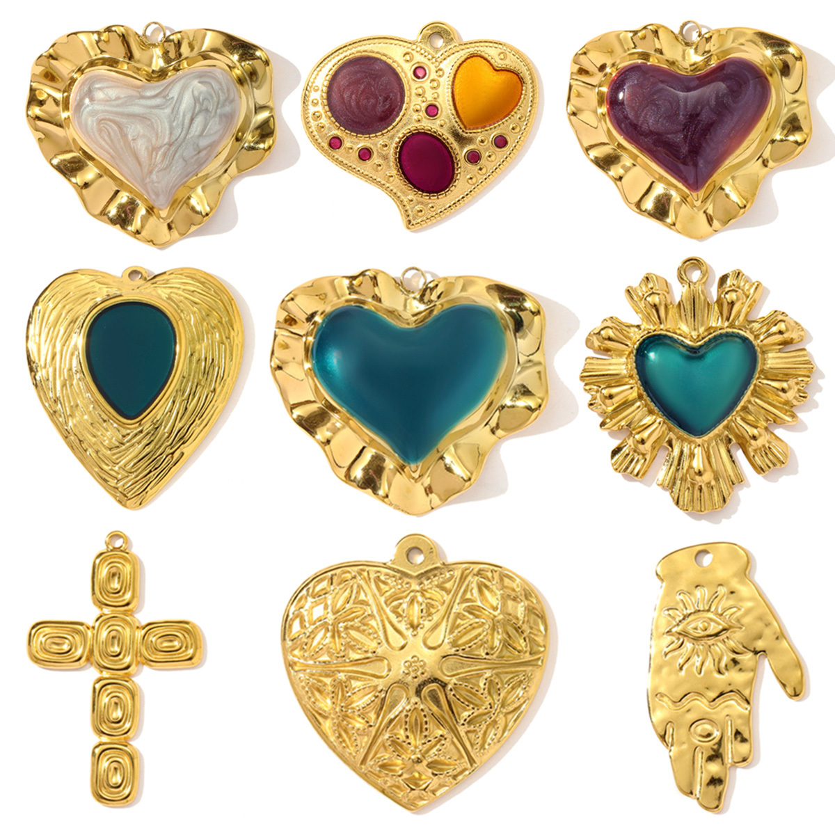 6pcs/pack French Retro Stainless Steel Enamel Love Heart Necklace Pendant Hamsa Hand DIY Earring Charm Women Big Cross Jewelry