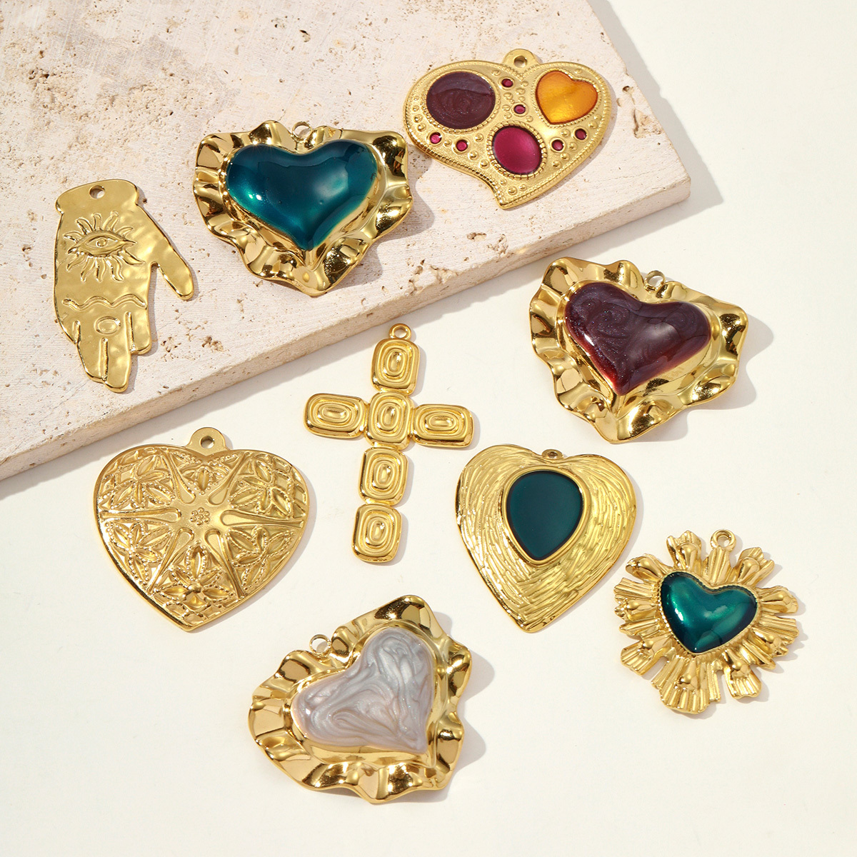 6pcs/pack French Retro Stainless Steel Enamel Love Heart Necklace Pendant Hamsa Hand DIY Earring Charm Women Big Cross Jewelry