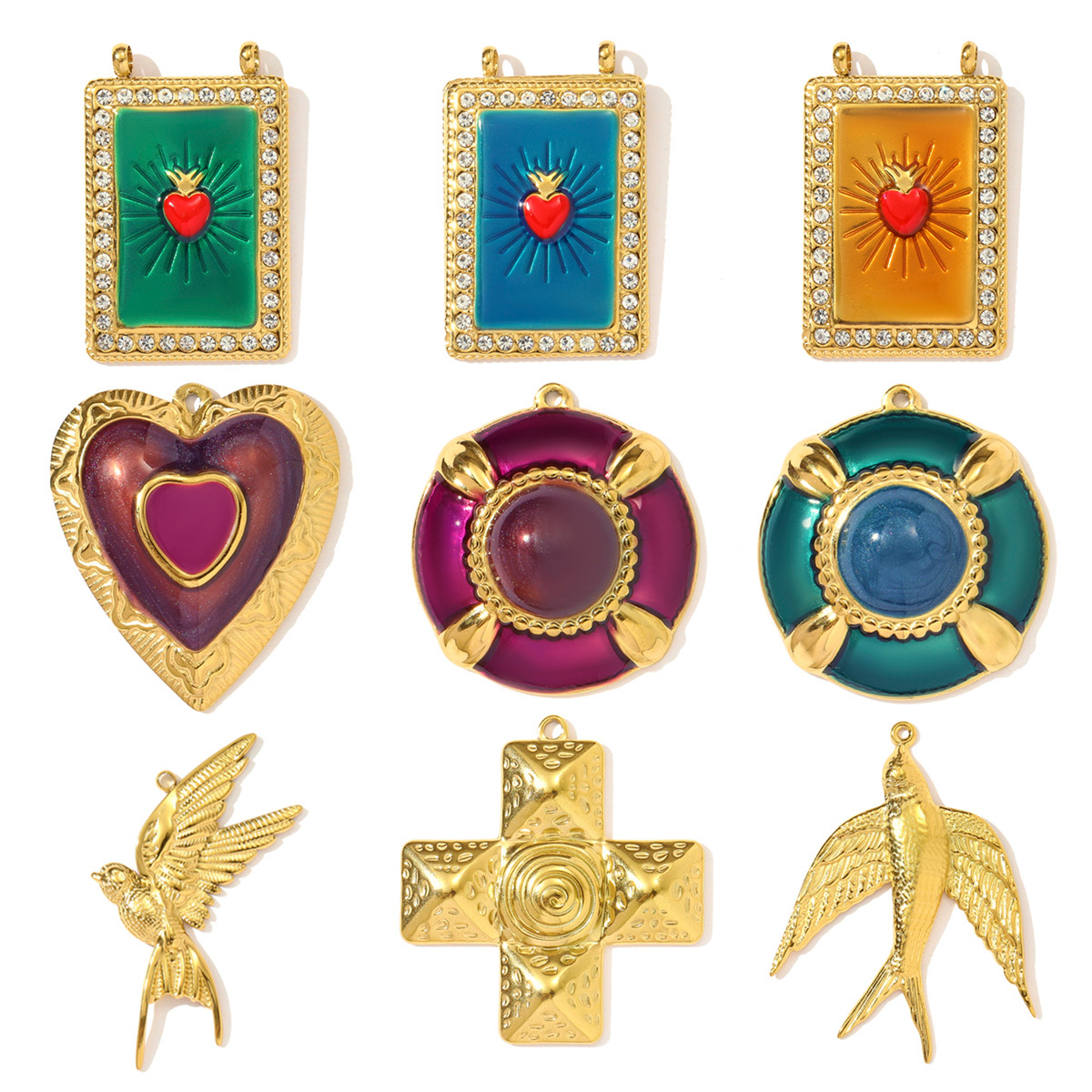 6pcs/pack Fashion Retro Stainless Steel Enamel Love Heart DIY Earring Charm Swallow Dove Necklace Pendant Women Cross Jewelry