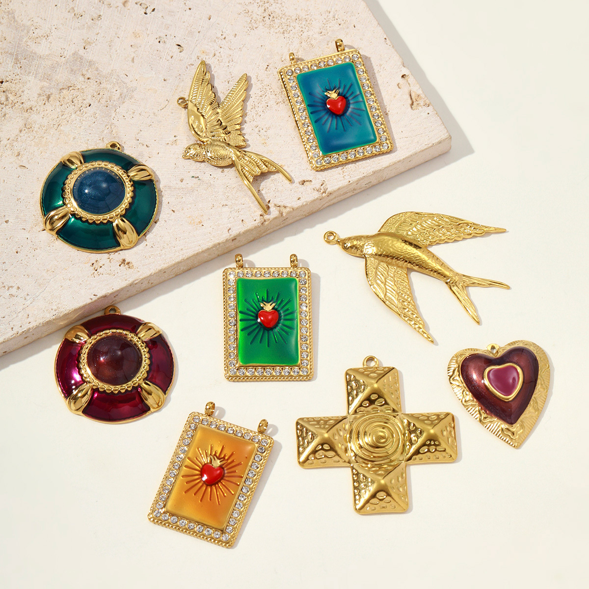 6pcs/pack Fashion Retro Stainless Steel Enamel Love Heart DIY Earring Charm Swallow Dove Necklace Pendant Women Cross Jewelry