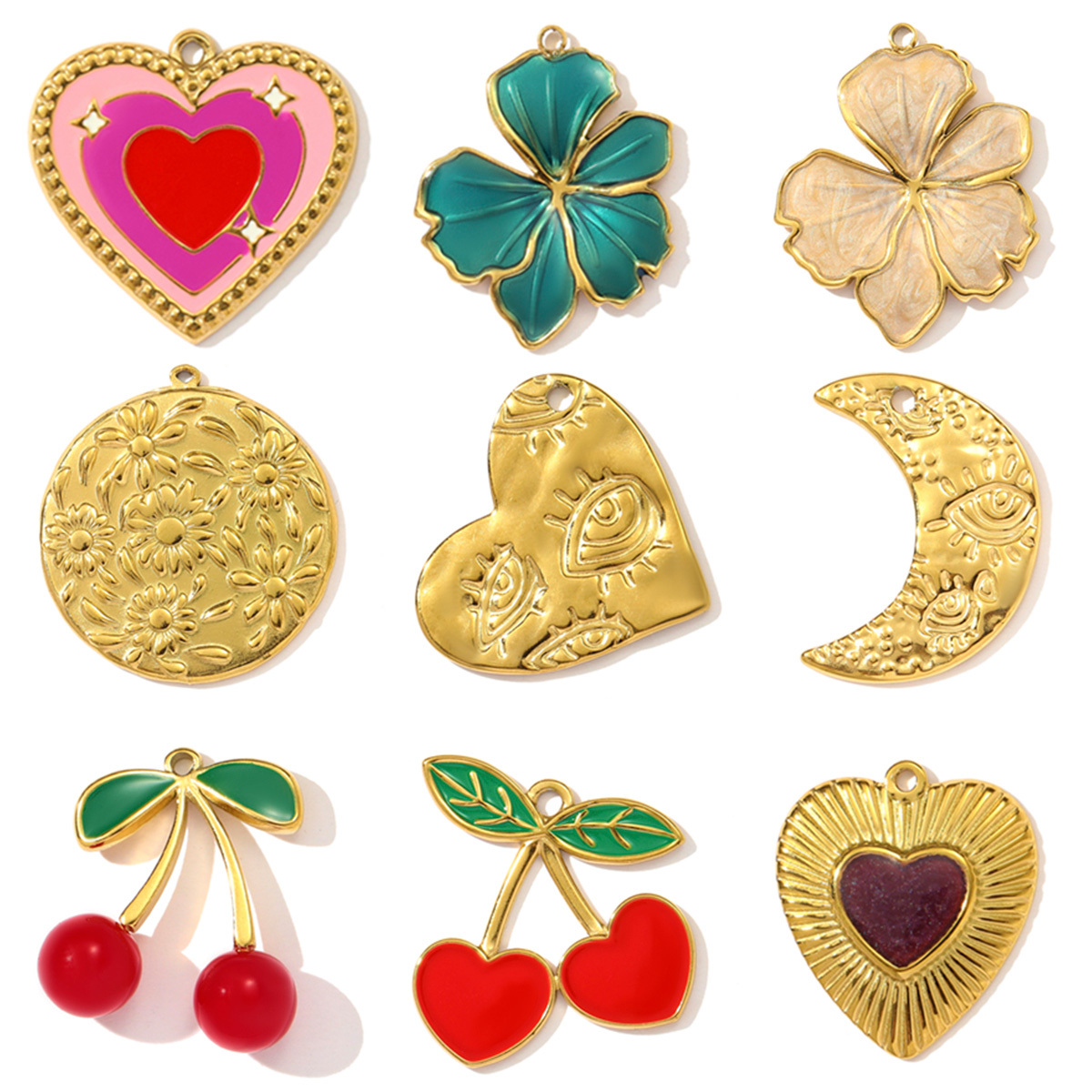 6pcs/pack French Retro Stainless Steel Enamel Cherry DIY Charm Moon Evil Eye Necklace Pendant Women Flower Heart Jewelry