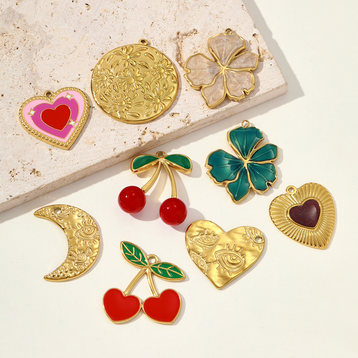 6pcs/pack French Retro Stainless Steel Enamel Cherry DIY Charm Moon Evil Eye Necklace Pendant Women Flower Heart Jewelry