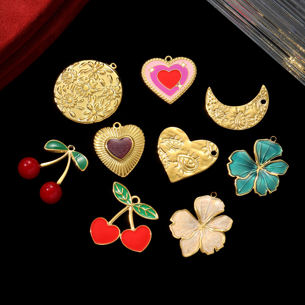 6pcs/pack French Retro Stainless Steel Enamel Cherry DIY Charm Moon Evil Eye Necklace Pendant Women Flower Heart Jewelry