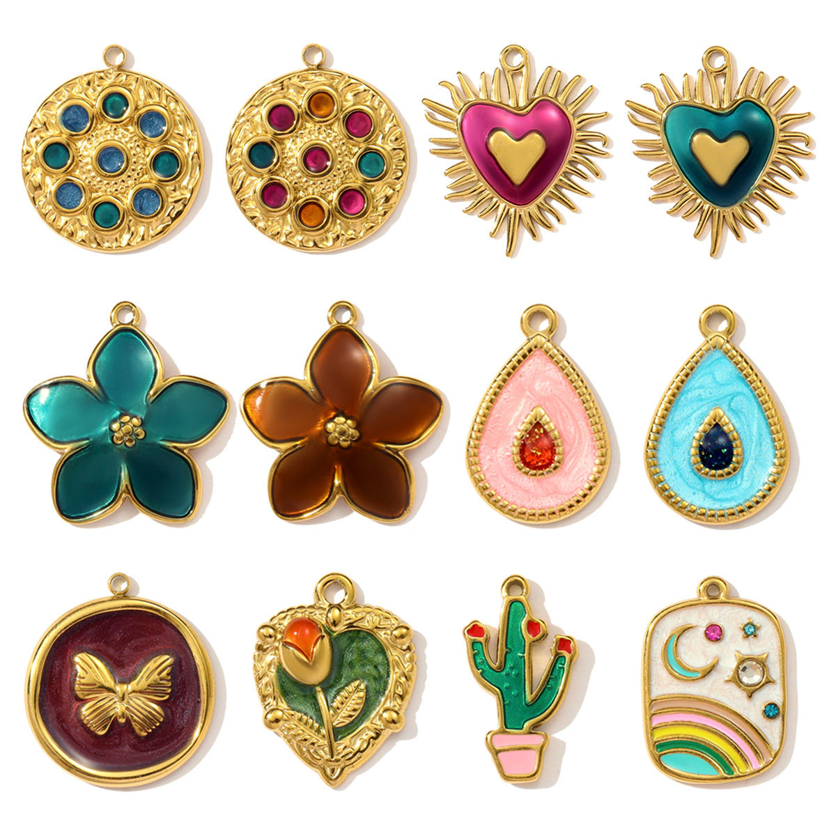 6pcs/pack Stainless Steel Rhinestone Disc Flower DIY Charm Cactus Rose Butterfly Necklace Pendant Women Moon Rainbow Jewelry
