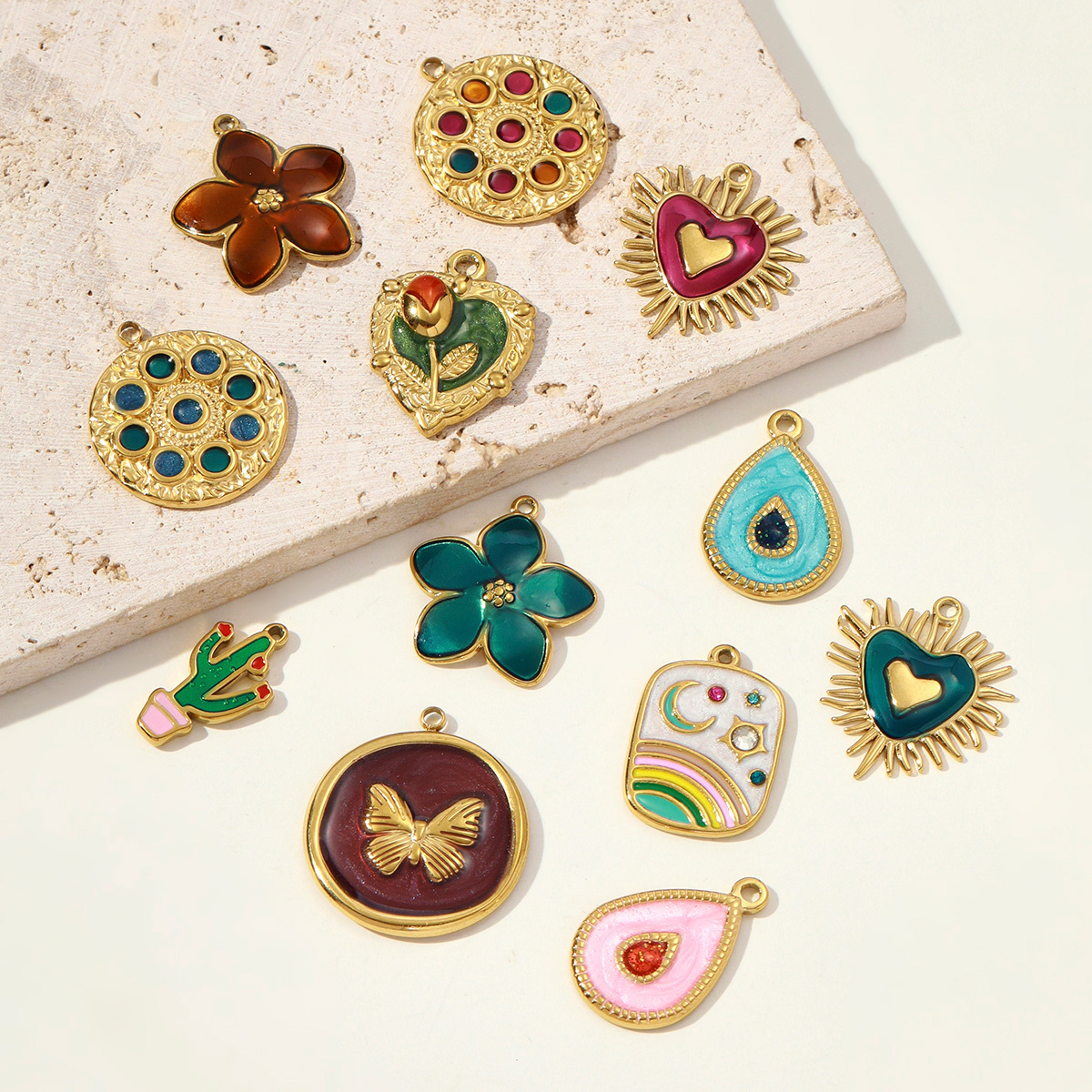 6pcs/pack Stainless Steel Rhinestone Disc Flower DIY Charm Cactus Rose Butterfly Necklace Pendant Women Moon Rainbow Jewelry