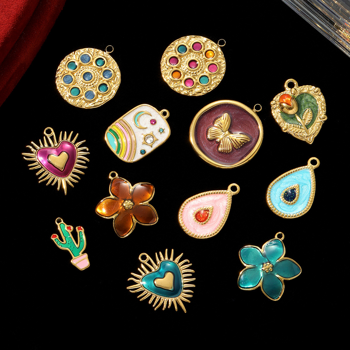 6pcs/pack Stainless Steel Rhinestone Disc Flower DIY Charm Cactus Rose Butterfly Necklace Pendant Women Moon Rainbow Jewelry