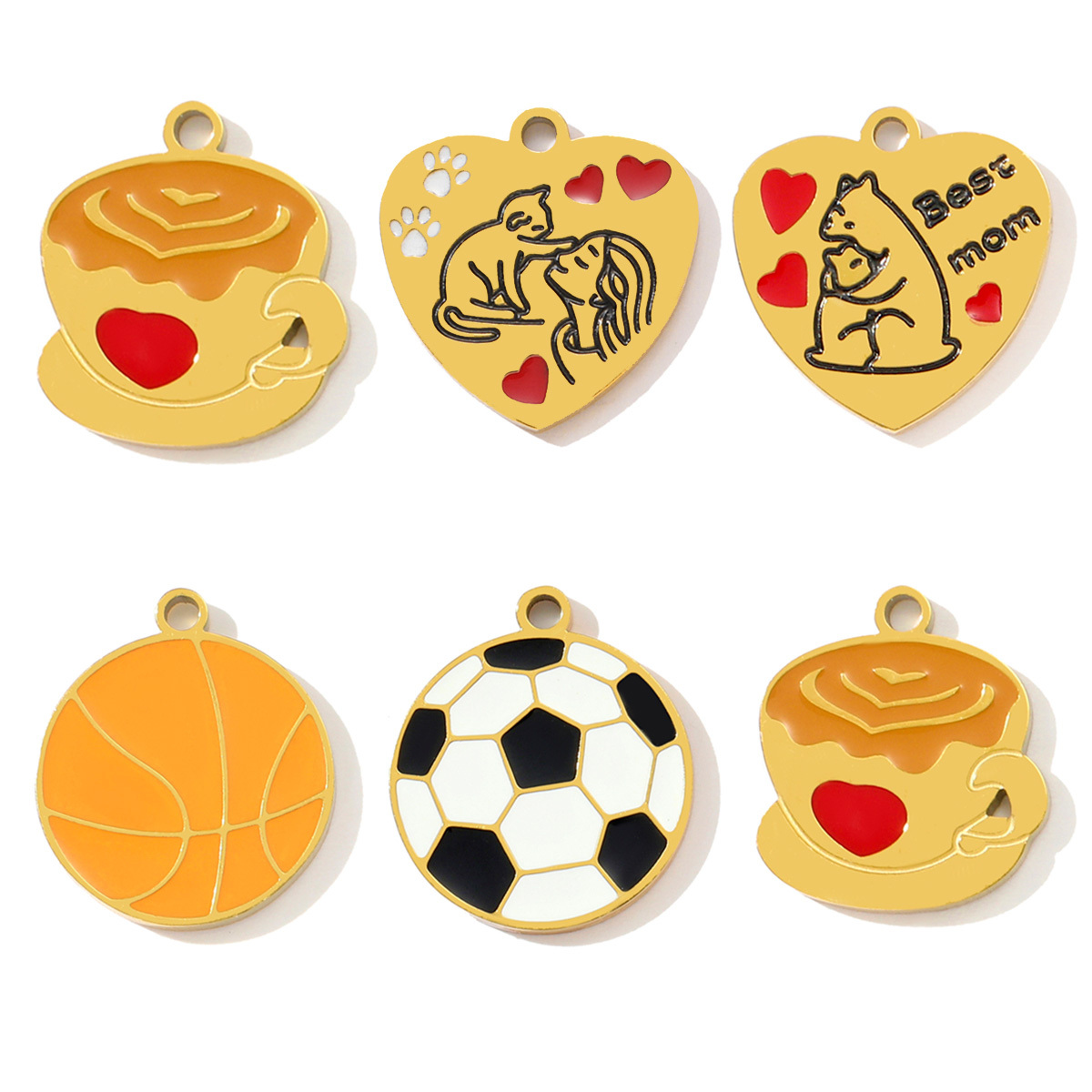 6pcs/pack Stainless Steel Enamel Basketball Football Necklace Pendant Coffee Love Cat Heart DIY Charm Women Best Mom Jewelry