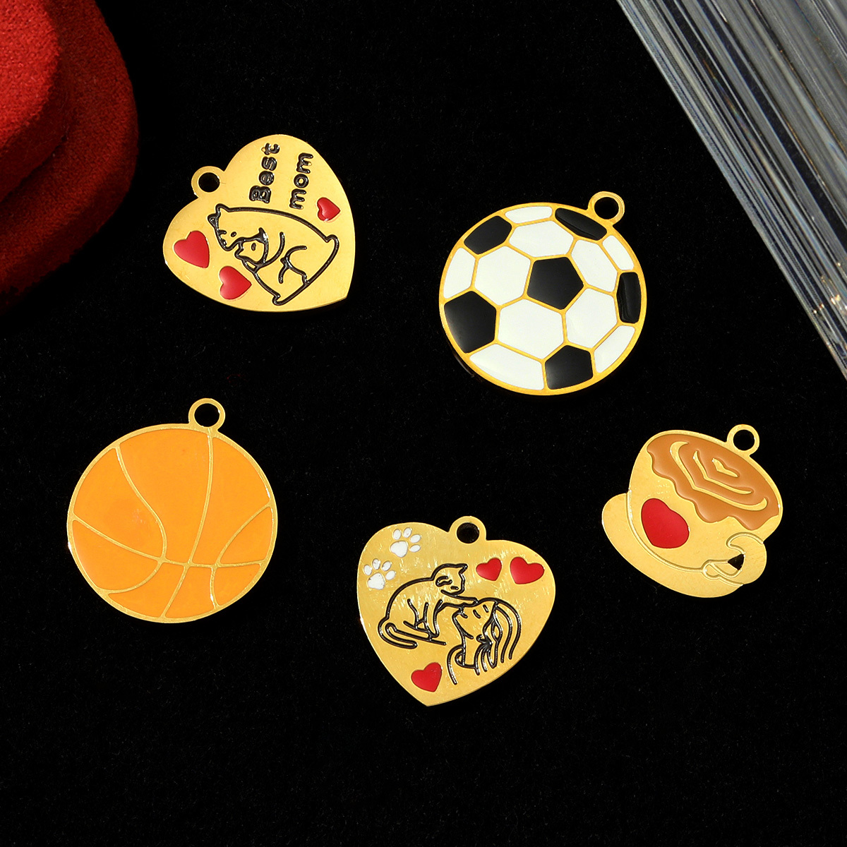 6pcs/pack Stainless Steel Enamel Basketball Football Necklace Pendant Coffee Love Cat Heart DIY Charm Women Best Mom Jewelry