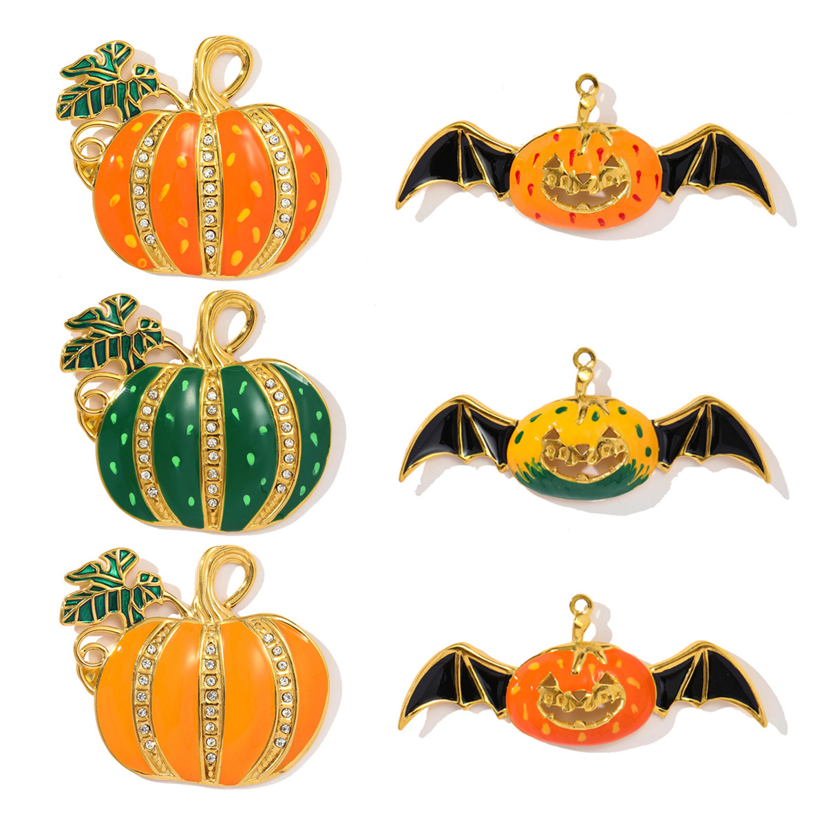 6pcs/pack Stainless Steel Rhinestone Pumpkin Necklace Pendant Enamel Jack-O-Lantern DIY Charm Women Halloween Party Jewelry