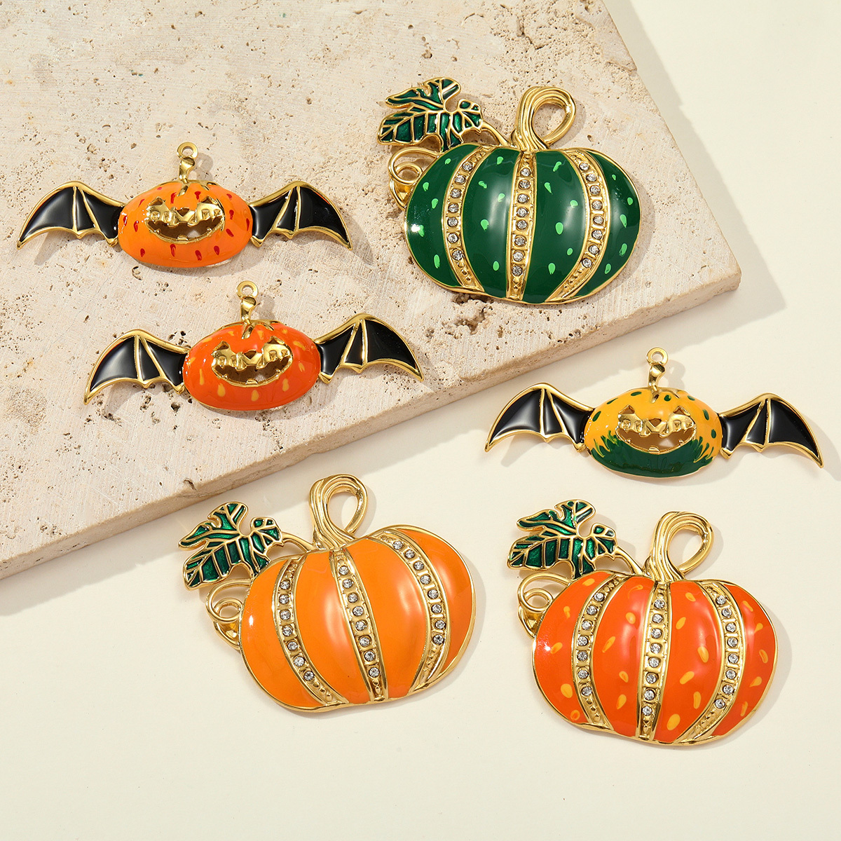 6pcs/pack Stainless Steel Rhinestone Pumpkin Necklace Pendant Enamel Jack-O-Lantern DIY Charm Women Halloween Party Jewelry