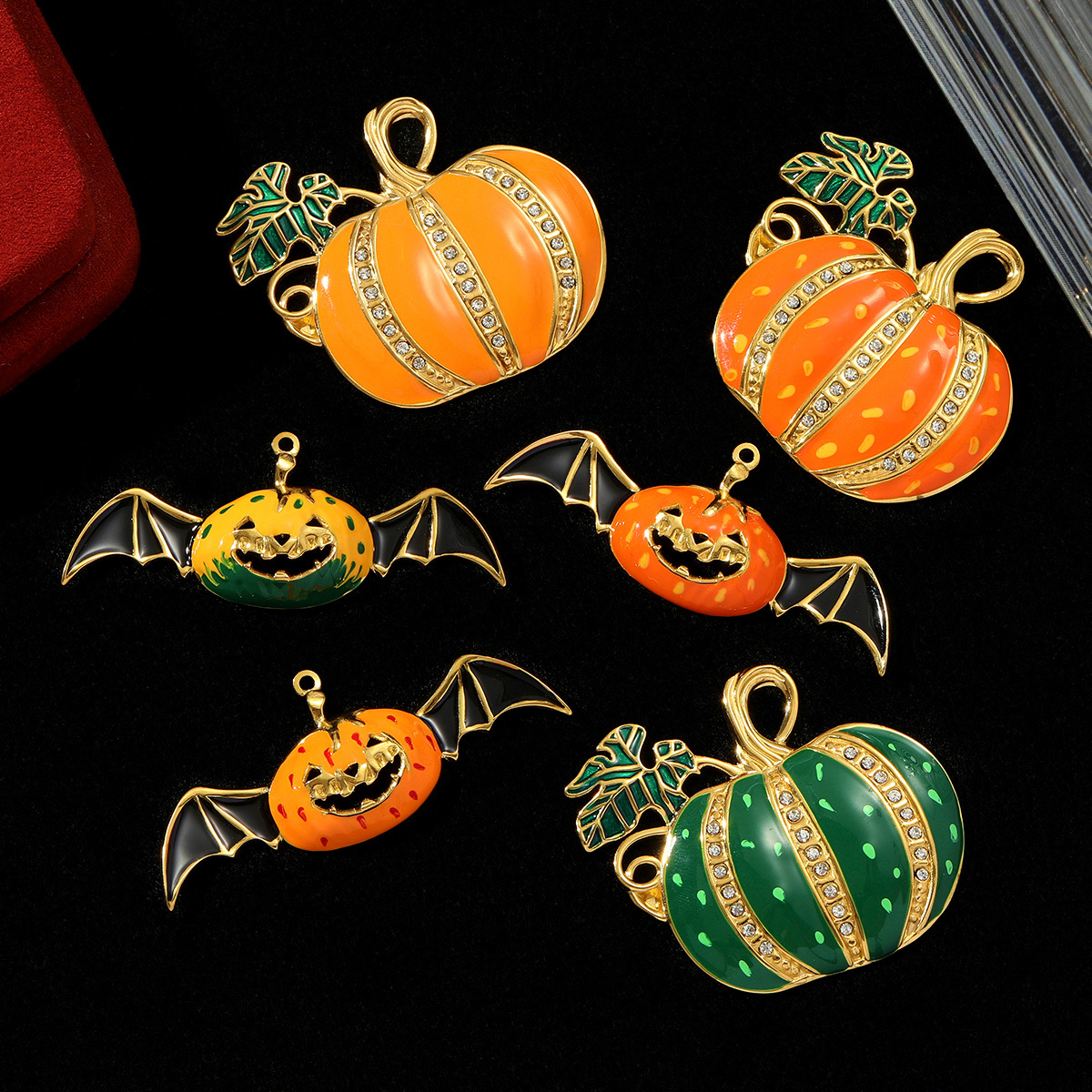 6pcs/pack Stainless Steel Rhinestone Pumpkin Necklace Pendant Enamel Jack-O-Lantern DIY Charm Women Halloween Party Jewelry
