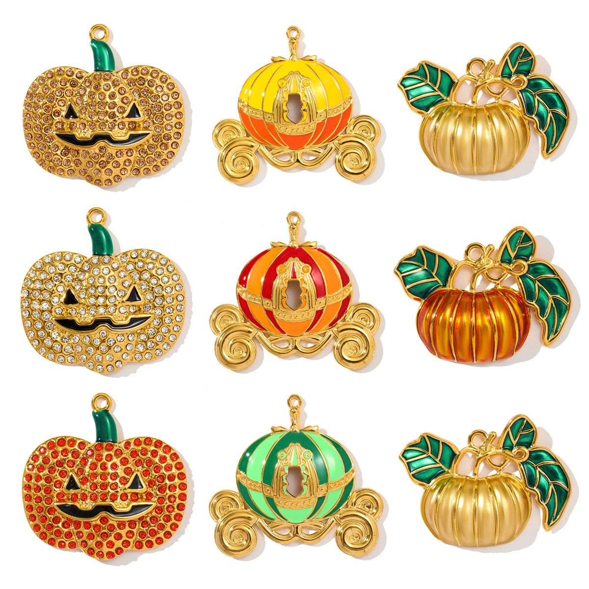 6pcs/pack Retro Stainless Steel Rhinestone Jack-O-Lantern Necklace Pendant Enamel Carriage DIY Charm Women Halloween Jewelry