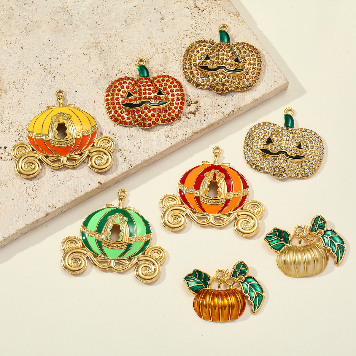 6pcs/pack Retro Stainless Steel Rhinestone Jack-O-Lantern Necklace Pendant Enamel Carriage DIY Charm Women Halloween Jewelry