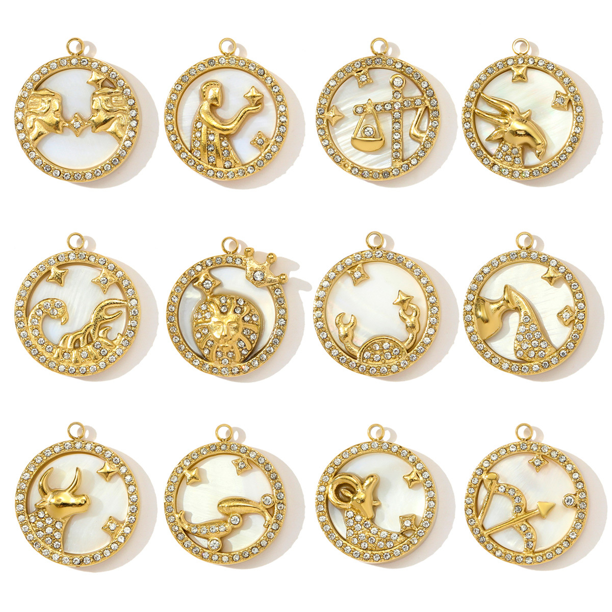 6pcs/pack French Rhinestone Zodiac Stainless Steel Necklace Pendant Shell Taurus Aries Virgo DIY Charm Women Star Signs Jewelry