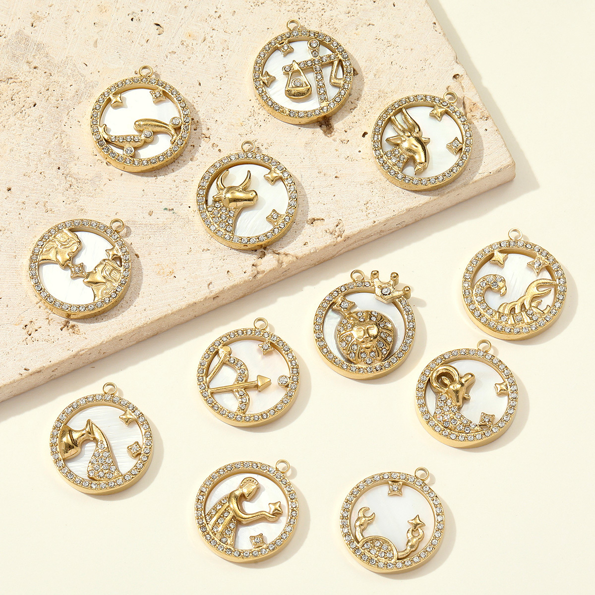 6pcs/pack French Rhinestone Zodiac Stainless Steel Necklace Pendant Shell Taurus Aries Virgo DIY Charm Women Star Signs Jewelry