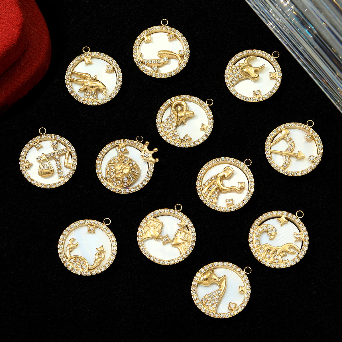 6pcs/pack French Rhinestone Zodiac Stainless Steel Necklace Pendant Shell Taurus Aries Virgo DIY Charm Women Star Signs Jewelry