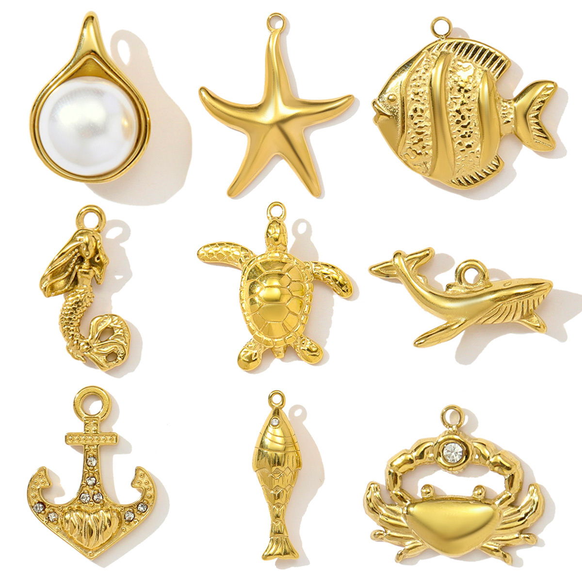 6pcs/pack Stainless Steel Sea Fish Pearl Starfish Necklace Pendant Shark Crab Turtle DIY Charm Women Anchor Mermaid Jewelry