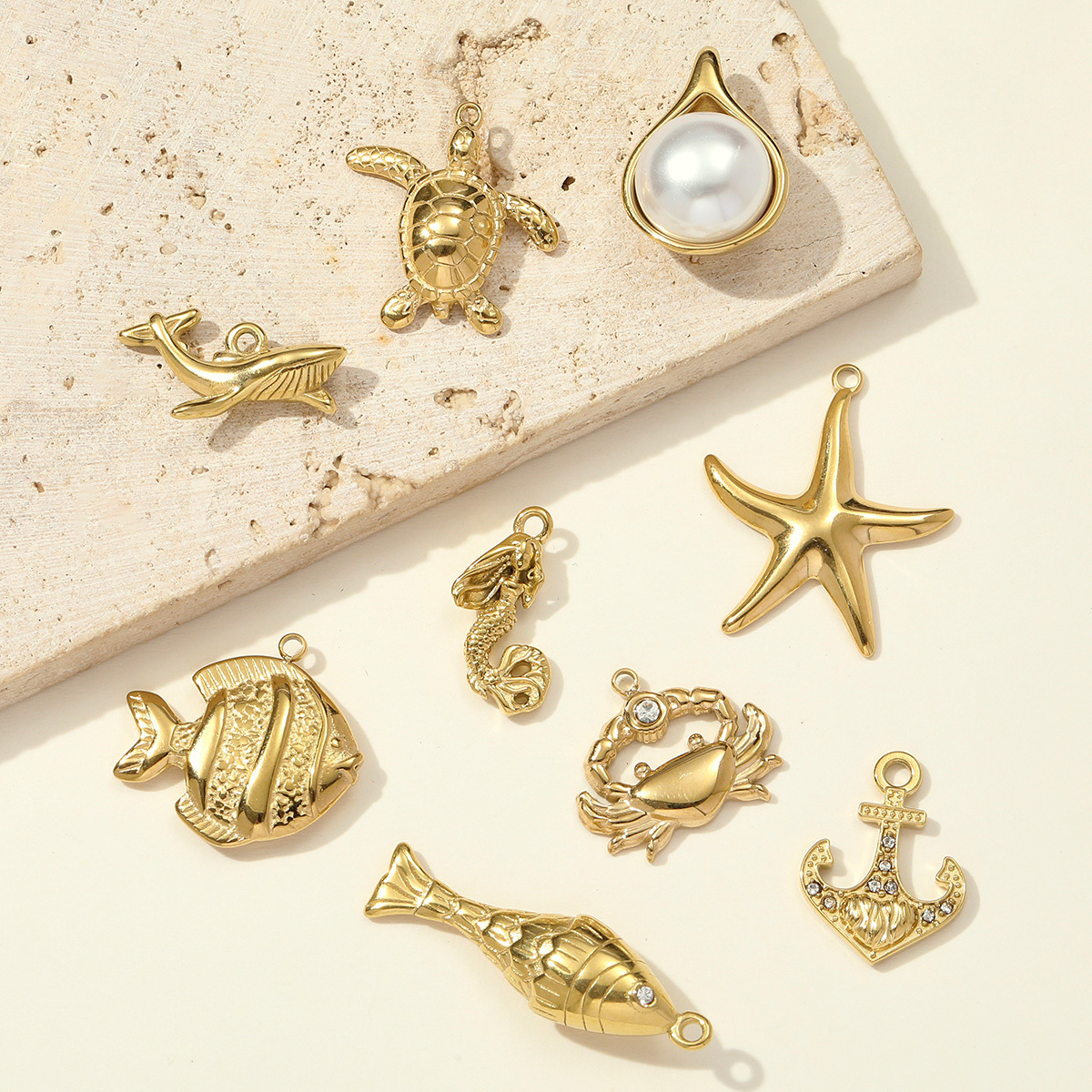 6pcs/pack Stainless Steel Sea Fish Pearl Starfish Necklace Pendant Shark Crab Turtle DIY Charm Women Anchor Mermaid Jewelry