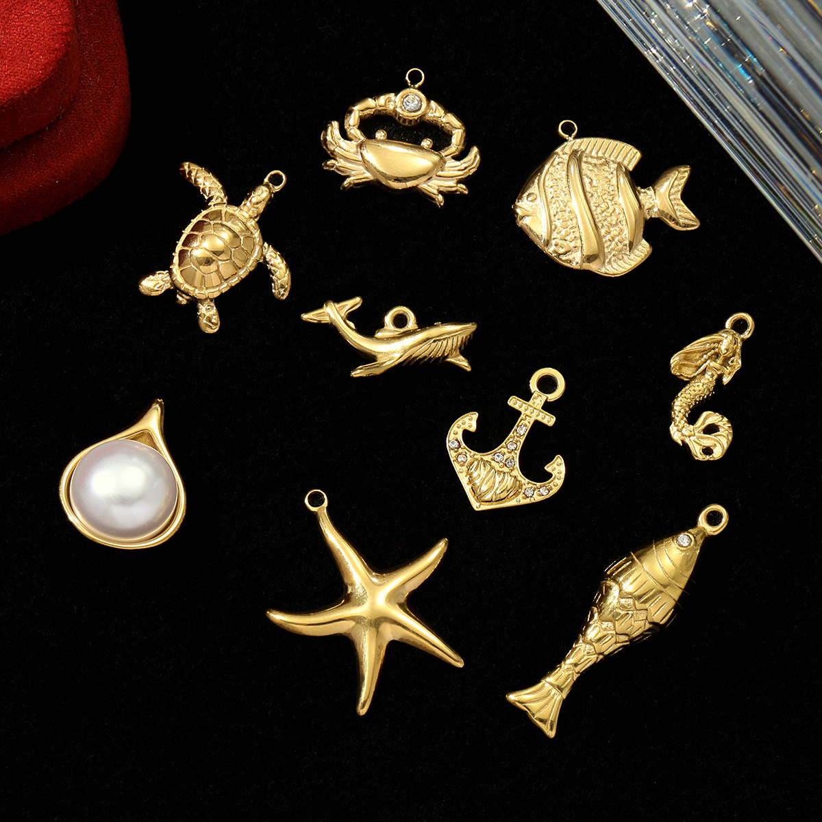 6pcs/pack Stainless Steel Sea Fish Pearl Starfish Necklace Pendant Shark Crab Turtle DIY Charm Women Anchor Mermaid Jewelry