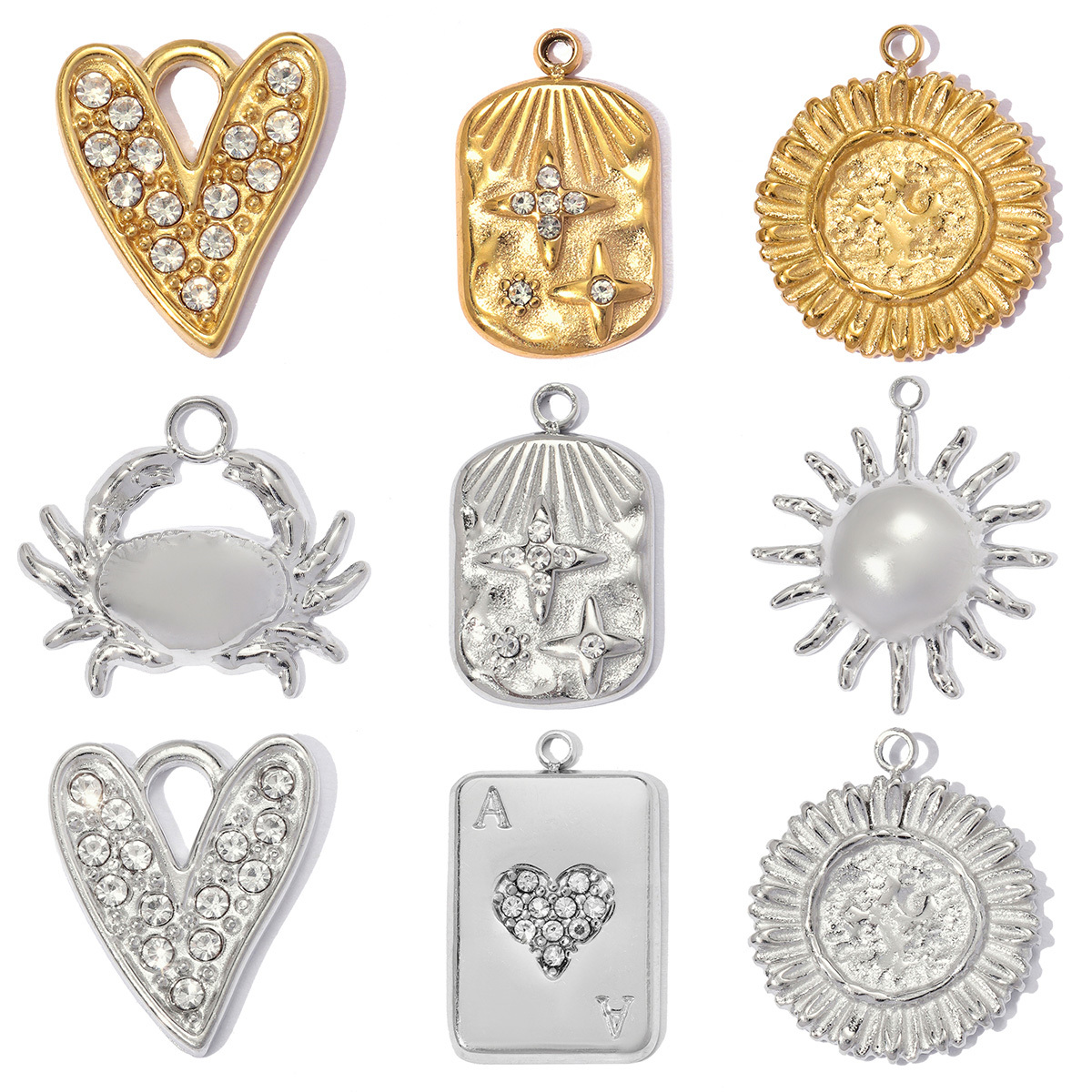 6pcs/pack Stainless Steel Sunflower Star DIY Bracelet Charms Rhinestone Heart Necklace Pendant Woman Sun Crab Jewelry Wholesale