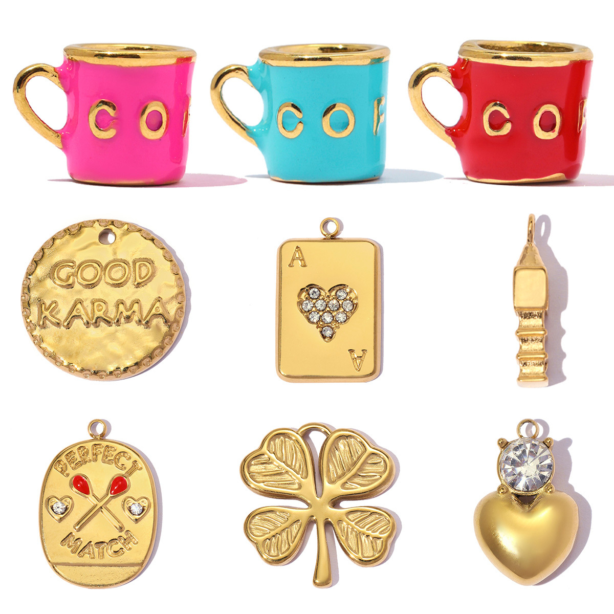6pcs/pack Stainless Steel Cood Karma  Lucky Poker DIY Charms Bell Tower Clover Necklace Pendants Woman Coffee Cup Jewelry Wholesale