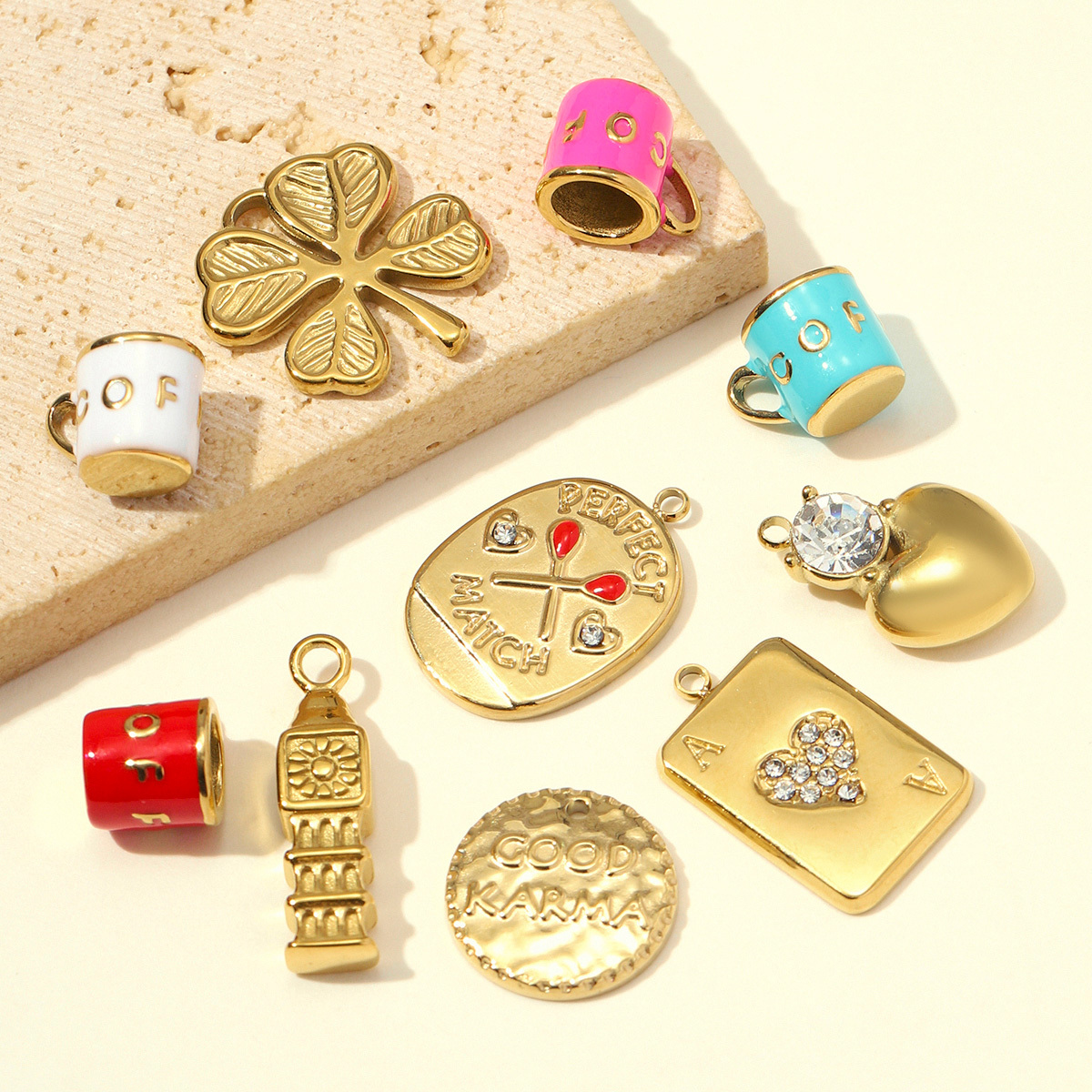 6pcs/pack Stainless Steel Cood Karma  Lucky Poker DIY Charms Bell Tower Clover Necklace Pendants Woman Coffee Cup Jewelry Wholesale