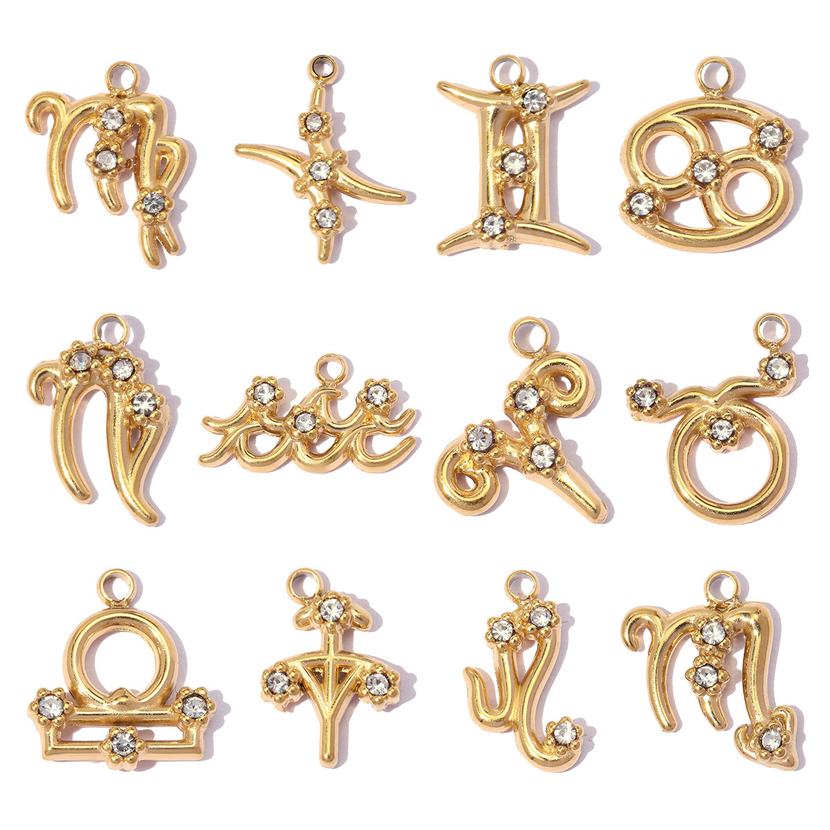 6pcs/pack Stainless Steel Rhinestone Zodiac Signs DIY Bracelet Charm ‌Aries‌ Gemini‌ Aquarius Necklace Pendant Woman Jewelry Wholesale