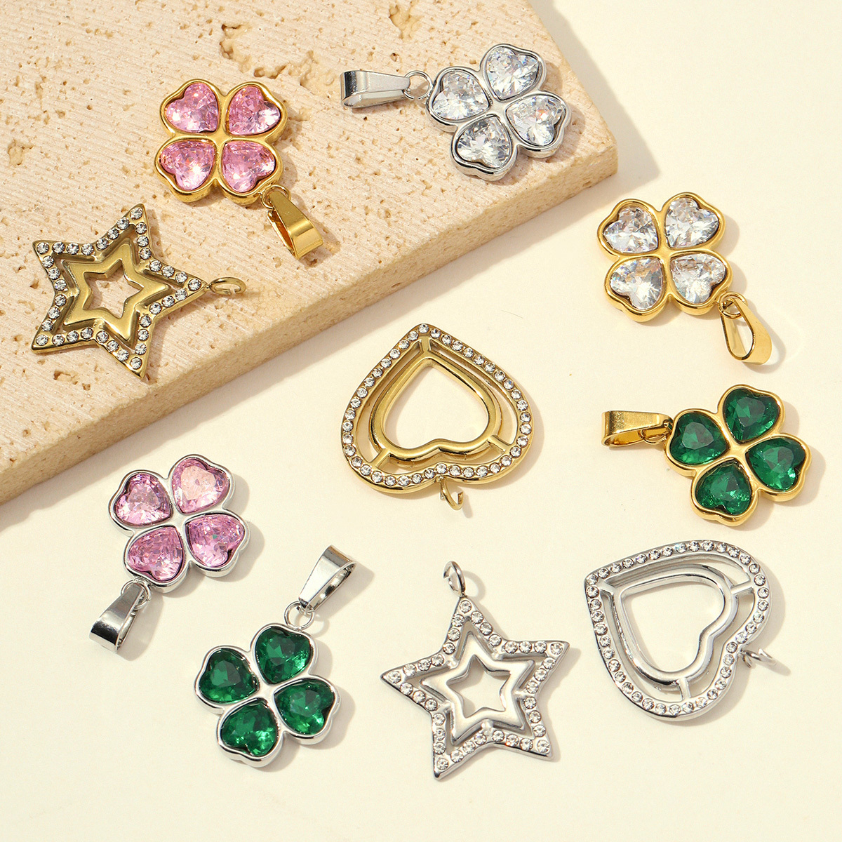 6pcs/pack Stainless Steel Zircon Lucky Clover DIY Charms Rhinestone Star Necklace Pendants Woman Love Heart Jewelry Wholesale