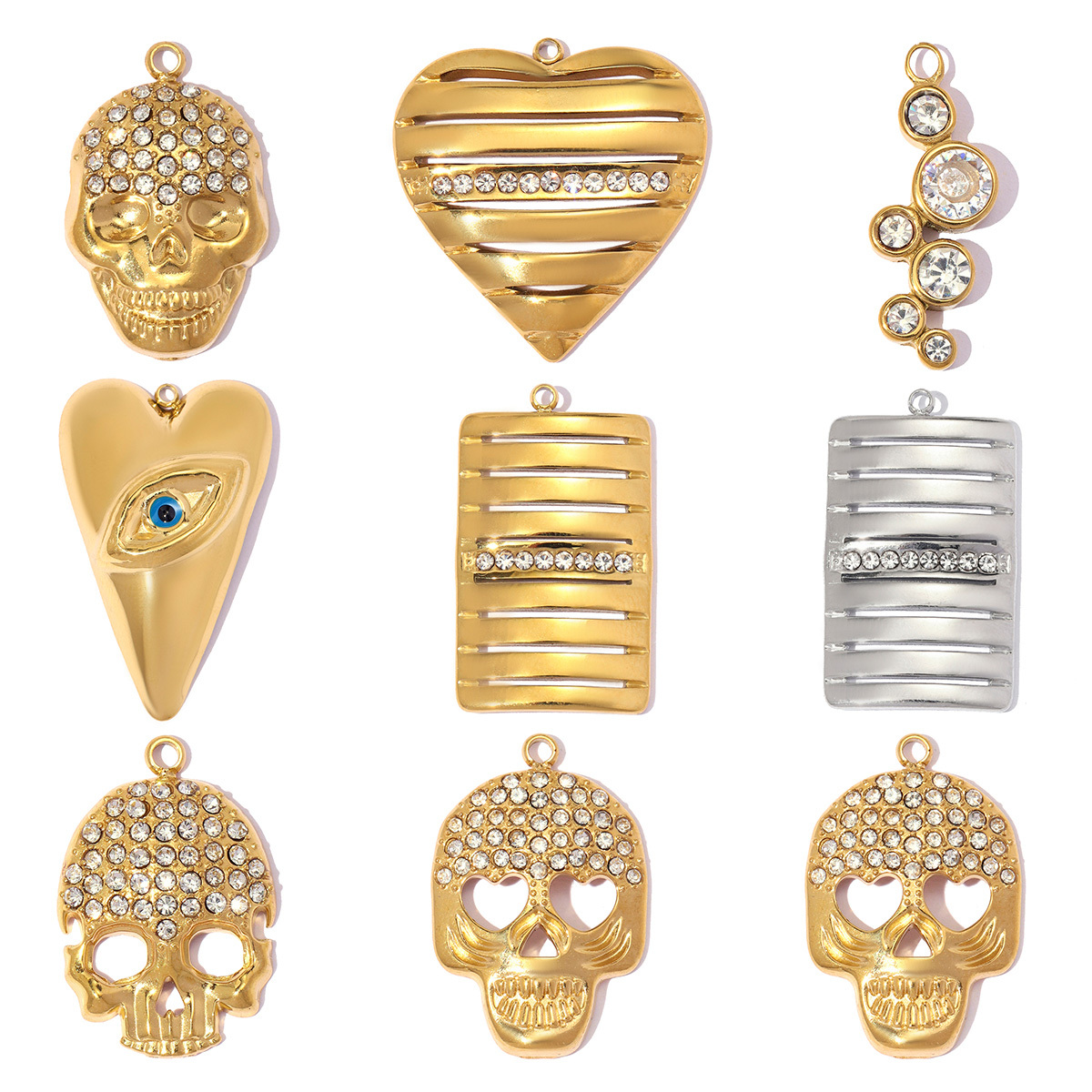 6pcs/pack Stainless Steel Rhinestone Skull DIY Earring Charms Geometric Square Necklace Pendants Woman Eye Heart Jewelry Wholesale