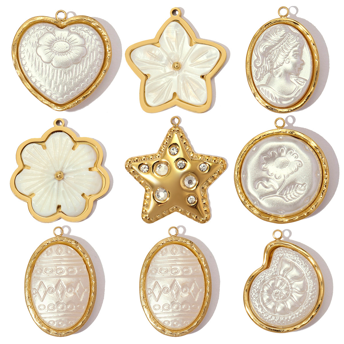 6pcs/pack Stainless Steel Relief Resin Sunflower Conch DIY Charm Love Heart Star Necklace Pendant Women Finger Jewelry Wholesale
